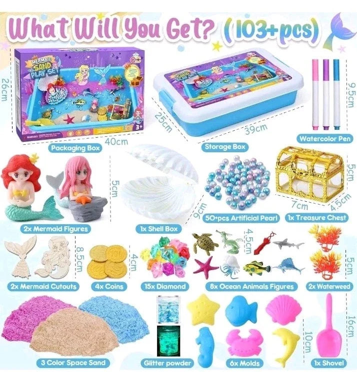 Mermaid Magic Sandbox Kit with 900g Magic Sand, Castle Molds, Gems, Sensory Toys
