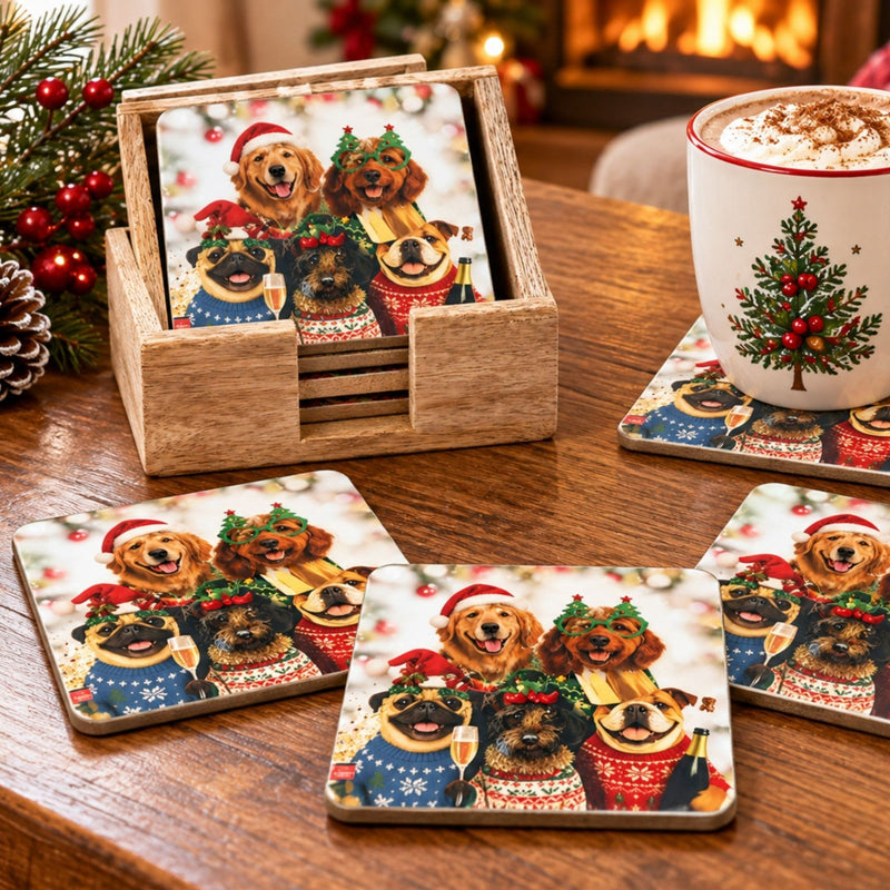 Christmas Dog Coasters Set of 4 Wooden Coasters with Holder