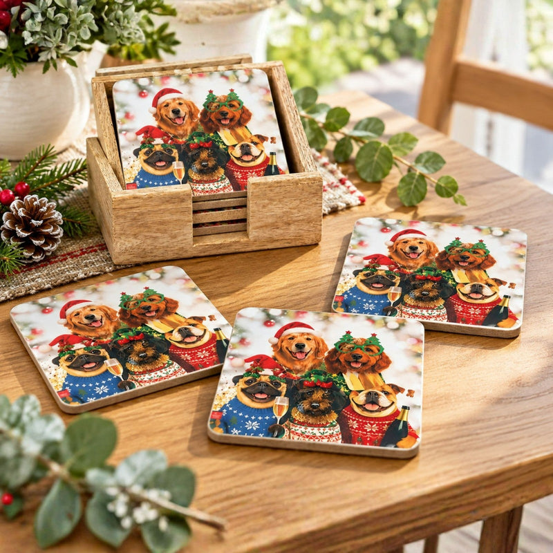 Christmas Dog Coasters Set of 4 Wooden Coasters with Holder