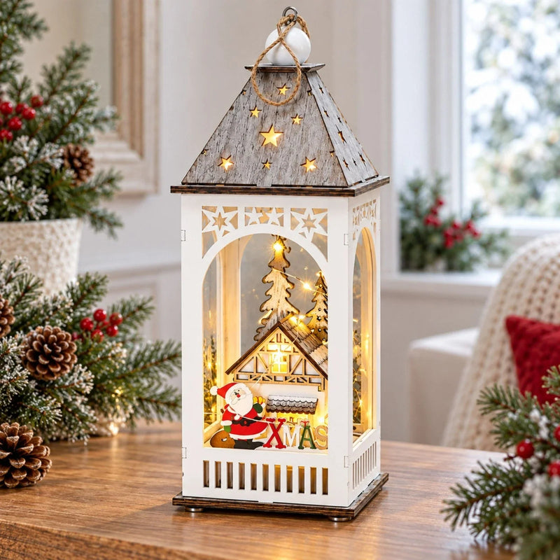 Christmas Lantern Santa Scene & Warm White LED Lights