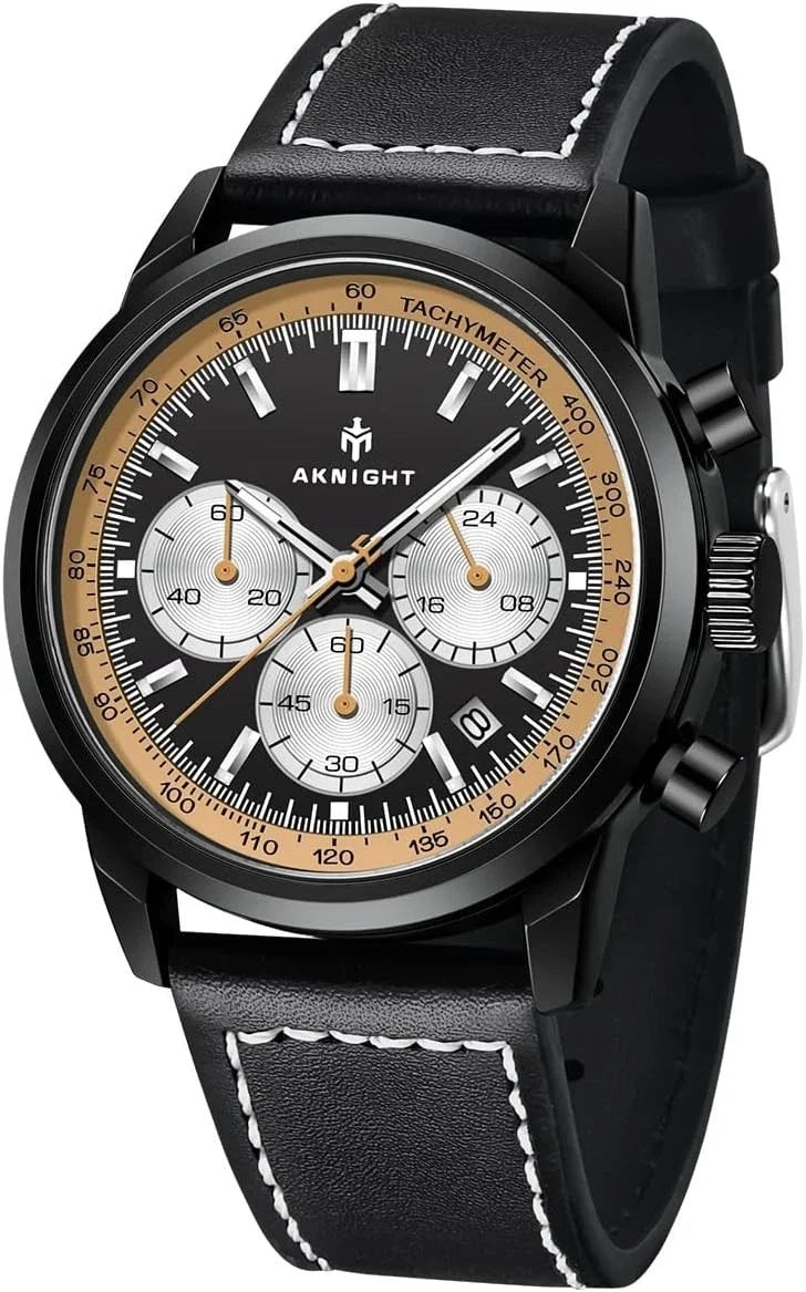 Aknight Men's Chronograph-Style Wrist Watch – Black Case, Genuine Leather Strap, Black & Gold Dial
