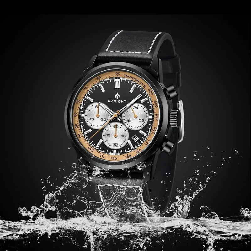 Aknight Men's Chronograph-Style Wrist Watch – Black Case, Genuine Leather Strap, Black & Gold Dial