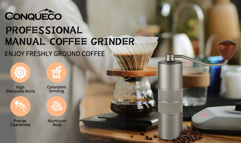 CONQUECO Manual Coffee Grinder Burr: Portable Stainless Steel Conical Burr Bean