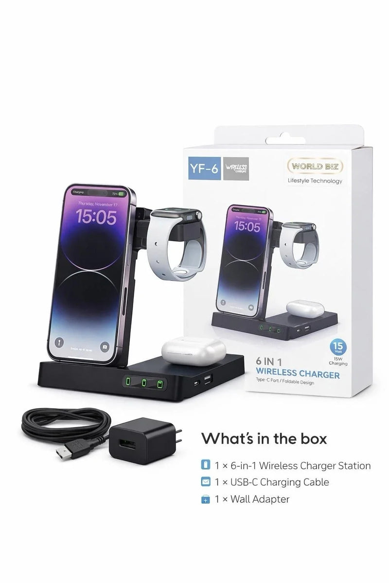 YF-6 6 in 1 Wireless Charger 15W Fast Charging Station Foldable Stand