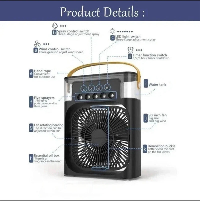 Portable Air Cooler Fan with Humidifier, USB Powered, 3-Speed Control, LED Display