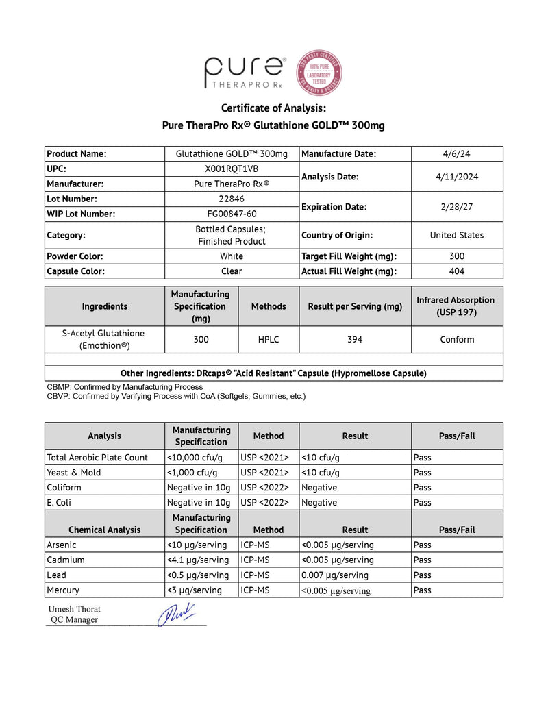 Pure Therapro Rx S-Acetyl Glutathione Gold 300mg Capsule – 60 Caps | EMOTHION Patented Form