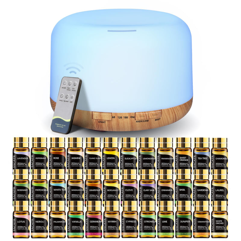 SACATR Essential Oil Diffuser Set – 500ml Ultrasonic Diffuser with 36 Oils, Remote, Auto Shut-Off, 4 Timers, 15 Colors