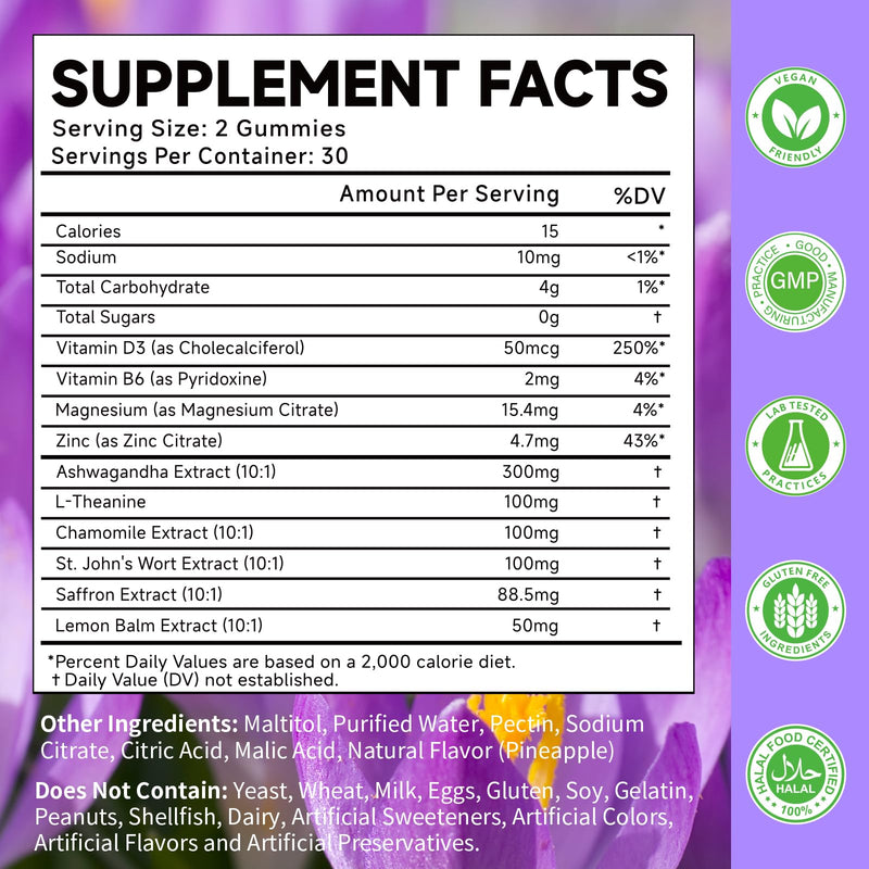 Saffron Gummies for Adults – 10-in-1 Cortisol Support with Saffron 88.5mg, Vitamin D3, B6, Magnesium, Zinc | 120 Count