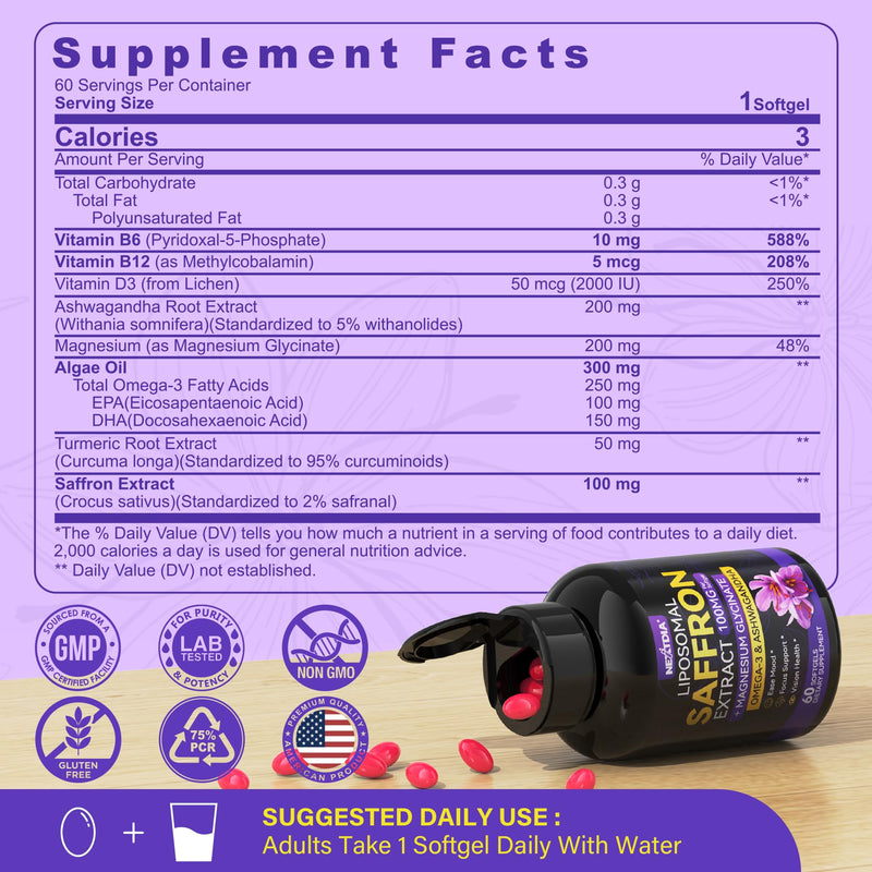 Saffron Supplements - 100mg Liposomal High Absorption | 100% Pure Saffron Extract + Magnesium Glycinate, Omega-3, Turmeric, Ashwagandha, B6, B12, D3 - 60 Softgels