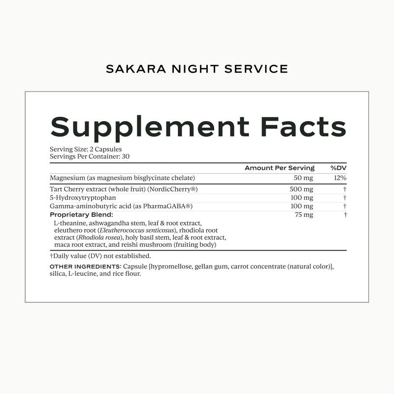 SAKARA Night Service Sleep Support – Magnesium Glycinate, NordicCherry™, 5-HTP | 60 Capsules