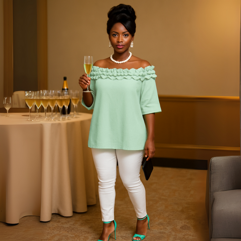 Ruffled Neckline Off Shoulder Blouse