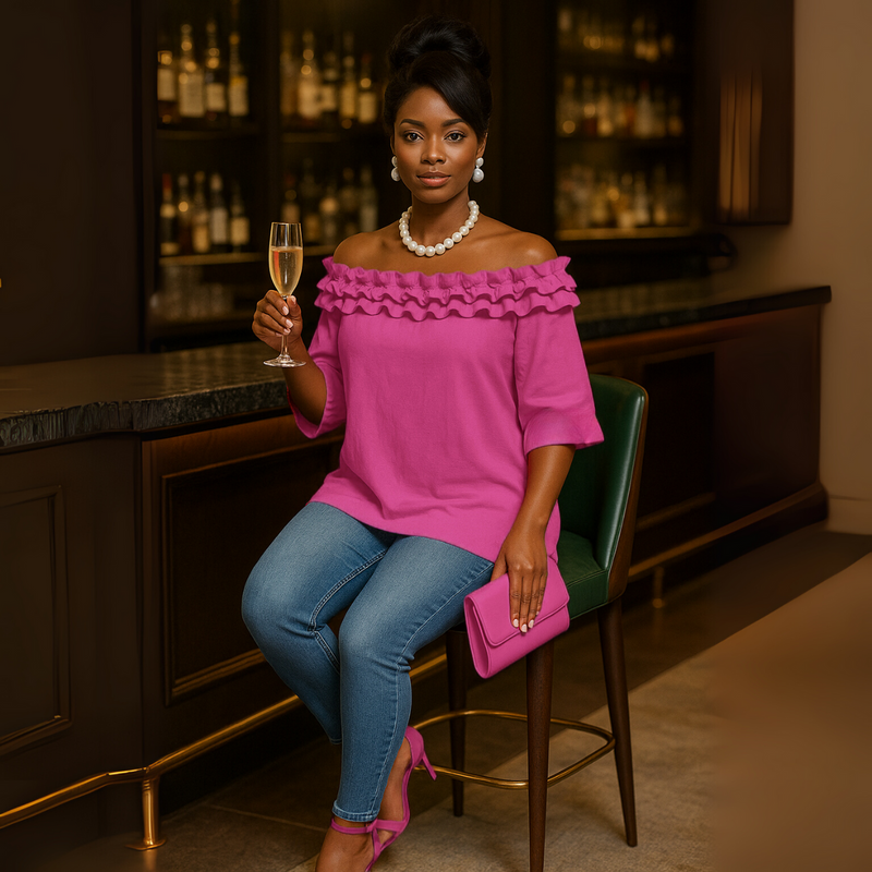 Ruffled Neckline Off Shoulder Blouse