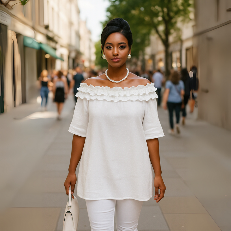 Ruffled Neckline Off Shoulder Blouse