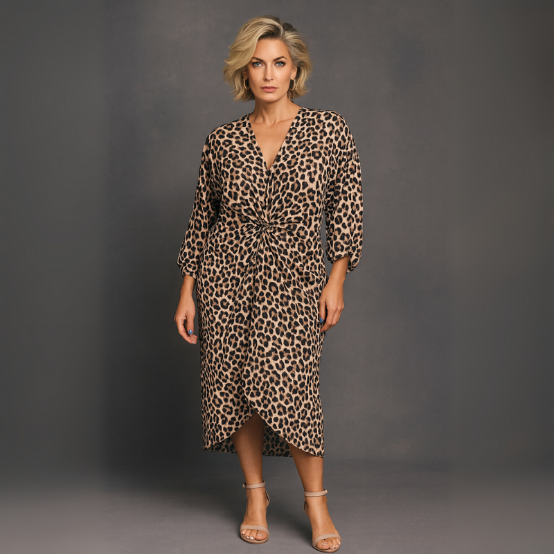 Leopard Print Loose Fitting V-Neck Knot Front Dress