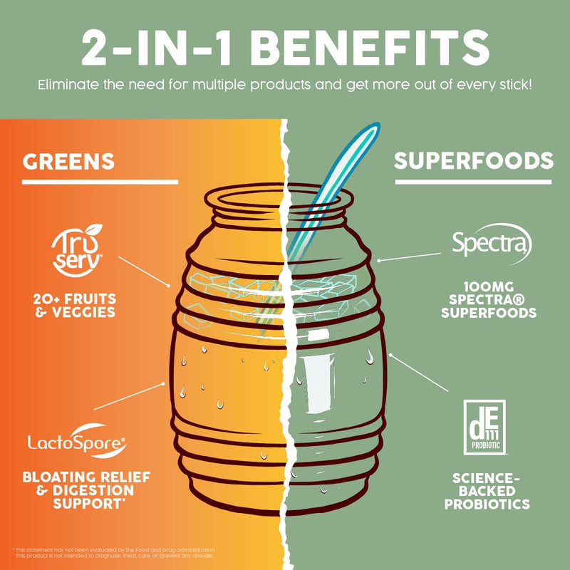Salud 2-in-1 Greens Powder & Superfood Drink Mix – Peach Mango, 15 Servings, Probiotics, Digestive Health (Vegan)