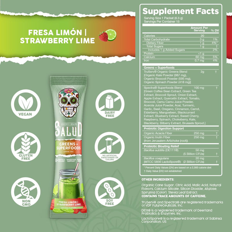 Salud 2-in-1 Greens Powder + Superfood Drink Mix – Strawberry Lime, 15 Servings (Vegan)