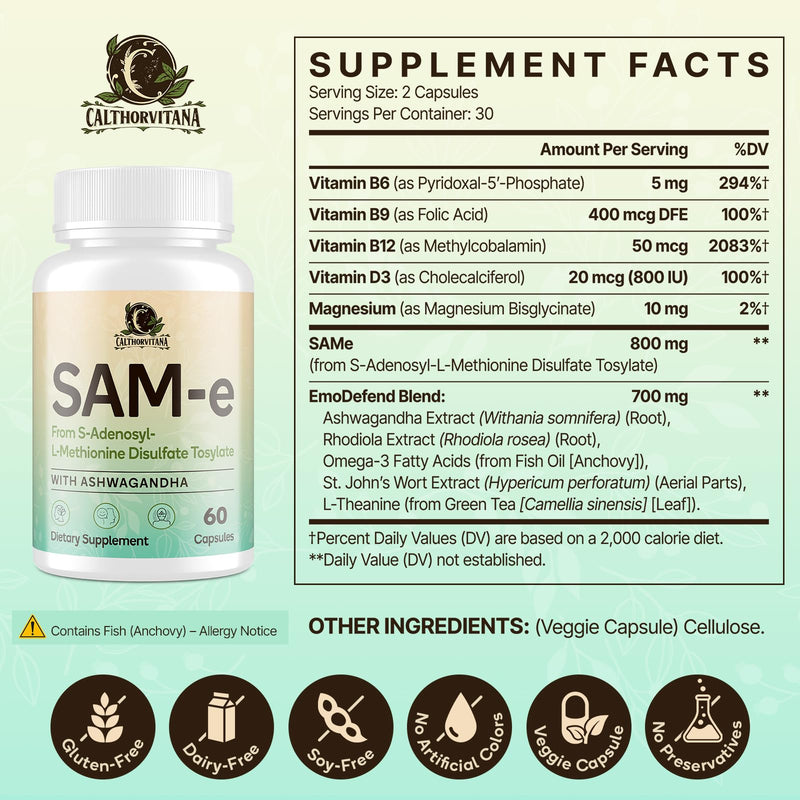 SAM-e Capsule Complex with Ashwagandha, L-Theanine, Rhodiola & St. John’s Wort – 120 Capsules