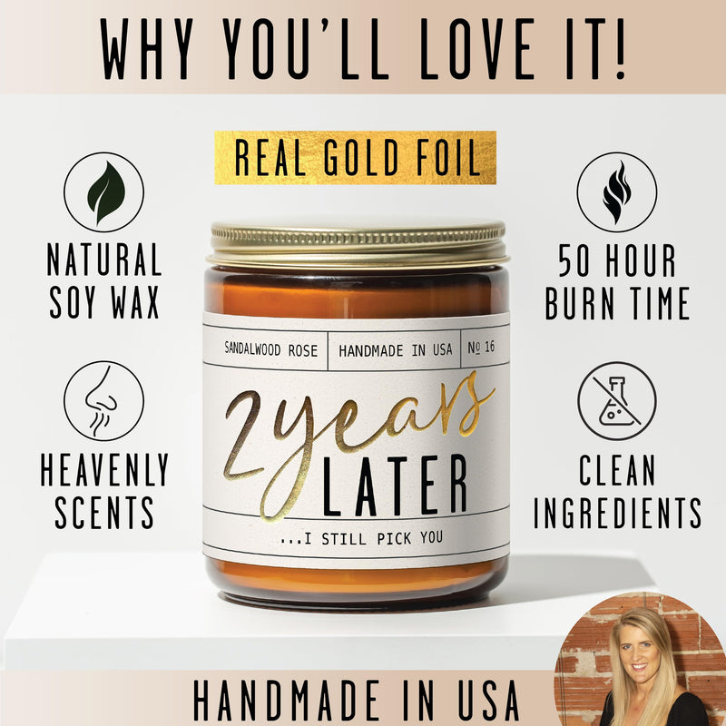 2 Year Anniversary Gift for Her – 2 Years Later Soy Candle, Sandalwood Rose, USA Made