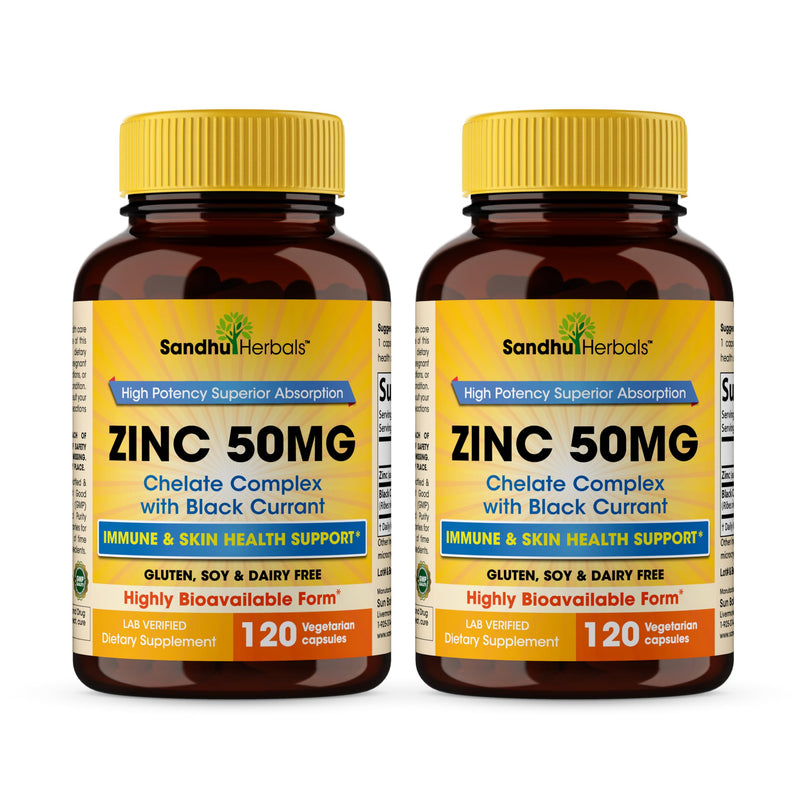 SANDHUHERBALS Zinc Supplements with Black Currant for Men and Women | Zinc 50mg 120 Vegetarian Capsules (Pack of 2) | Highly Absorbable for Immune Support | Zink 50 mg Supplement Supports Skin Health
