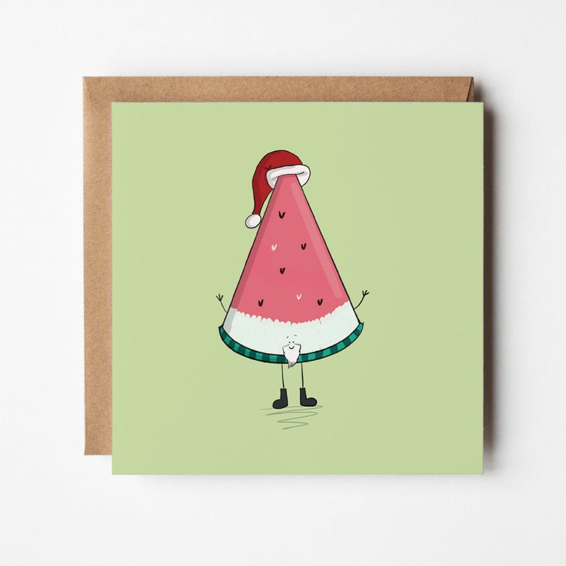 Santa Watermelon Christmas Card - Quirky Fruit Themed Holiday Greeting On Premium Cardstock