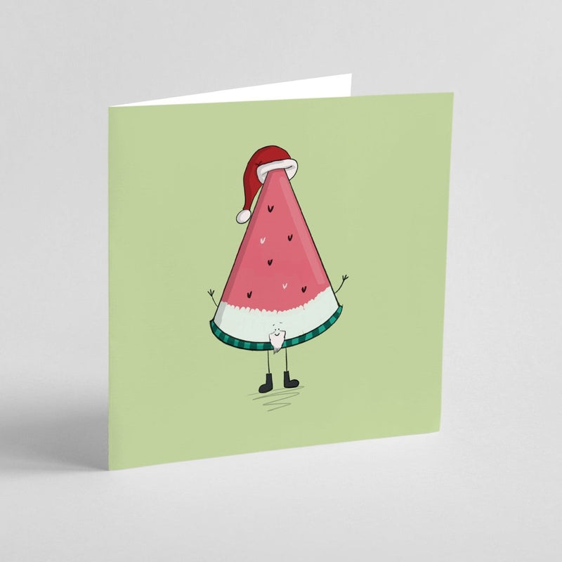 Santa Watermelon Christmas Card - Quirky Fruit Themed Holiday Greeting On Premium Cardstock