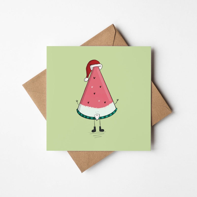 Santa Watermelon Christmas Card - Quirky Fruit Themed Holiday Greeting On Premium Cardstock