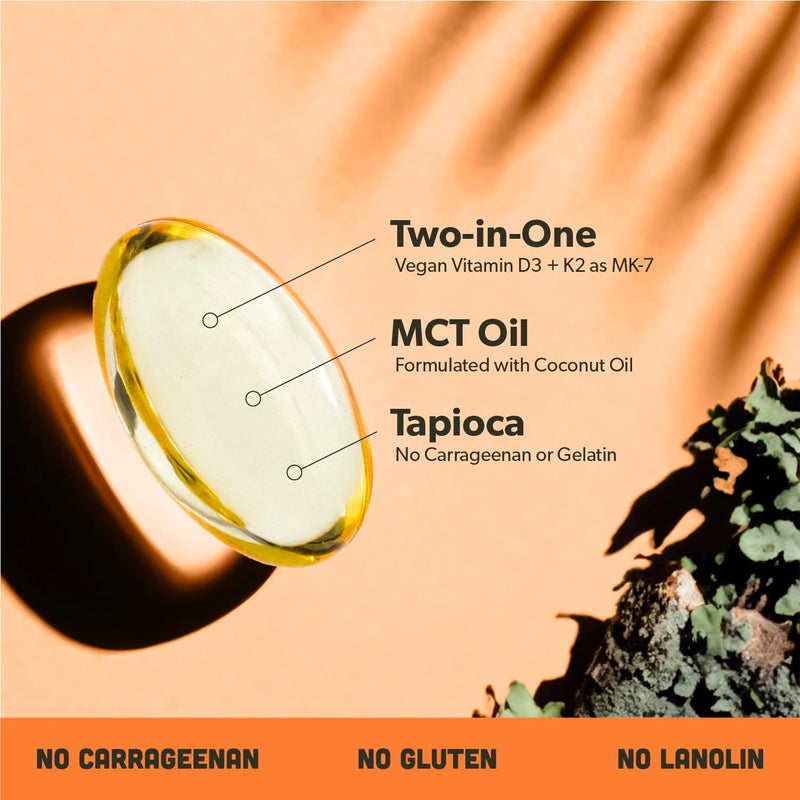 Sapling Vegan D3 + K2 with MCT Oil - 4000 IU D3, 100 mcg K2 Mk7 | 60 Softgels