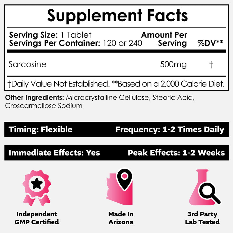 Nootropics Depot Sarcosine Tablets 500mg | 240 Count | Chewable