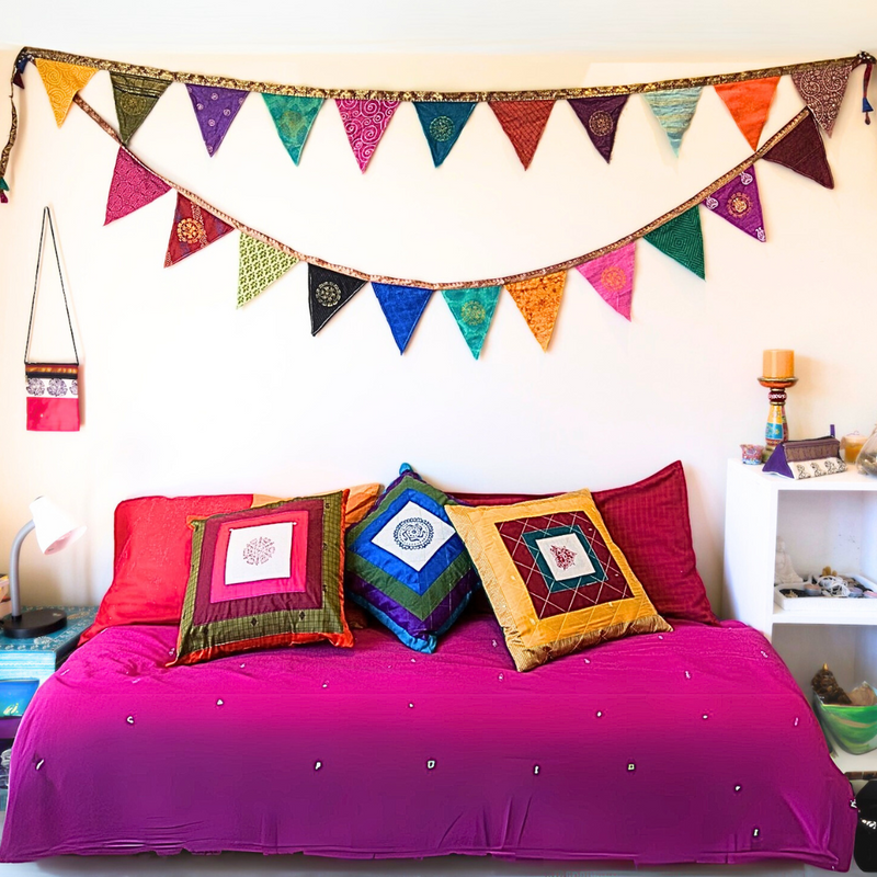 Upcycled sari flags, reusable sari bunting