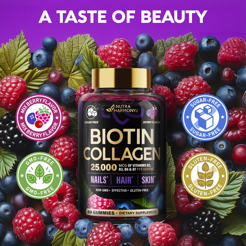 Biotin Gummies with Collagen 10,000 mcg – Hair, Skin & Nails Support (Sugar-Free, Mixed Berry) 60 Gummies