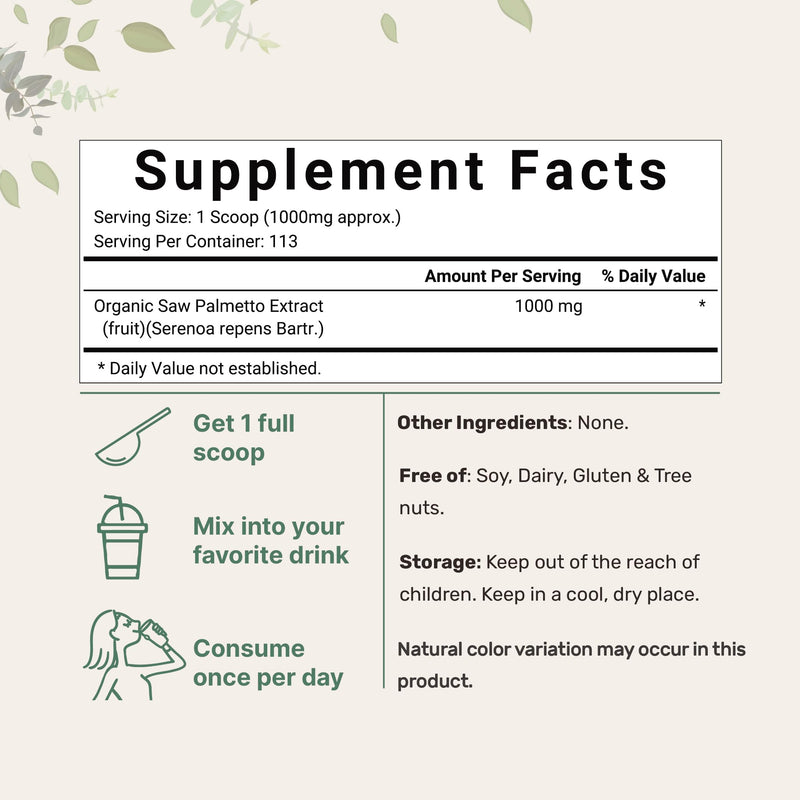 Sustainably Grown Organic Saw Palmetto Powder, 4 oz – Prostate & Hair Growth Supplement