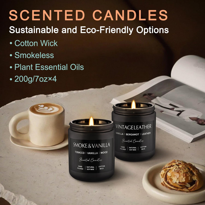 Scented Candles Gift Set - 4 Pack (7oz Each) Soy Wax Aromatherapy Candles | Leather & Smoke, Vanilla Oakmoss, Lavender