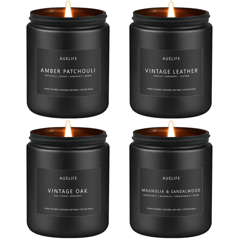 Scented Candles Set for Men - Leather, Oak & Amber Patchouli (4 Pack)