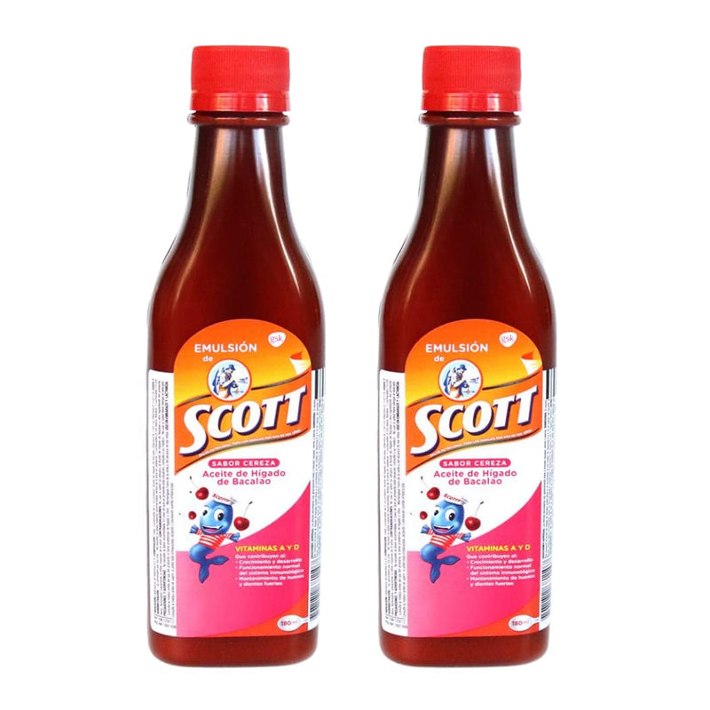 Scott Emulsion 180 ml Cod Liver Oil for Kids – 2 Pack with Vitamins A, D & Calcium (Cherry, Tropical Fruits, Traditional)
