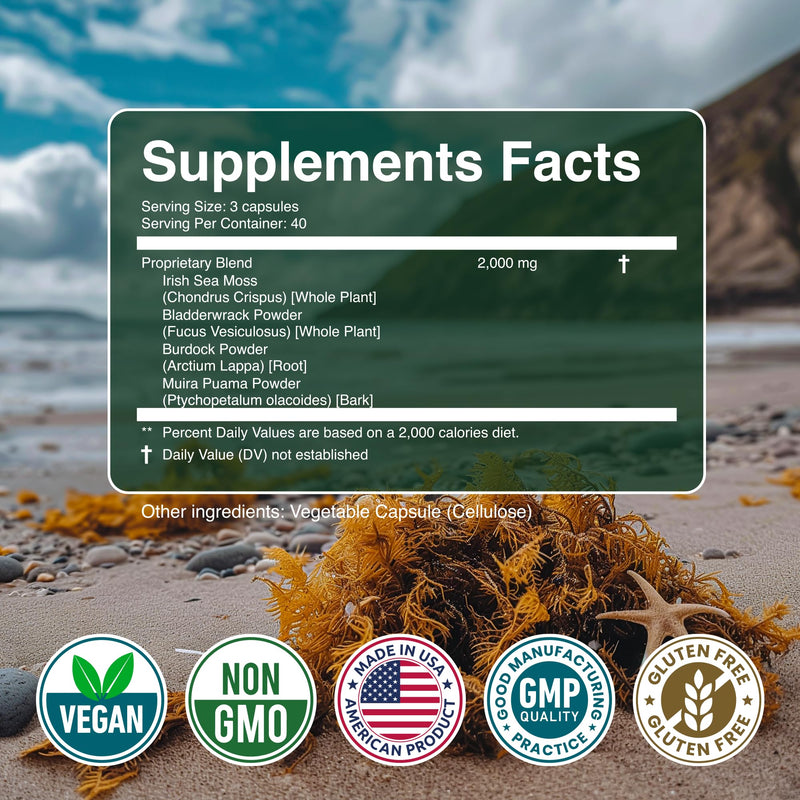 Secret Element Sea Moss Capsules – Irish Sea Moss Advanced with Burdock Root, Bladderwrack & Muira Puama – 120 Capsules (3 Pack)