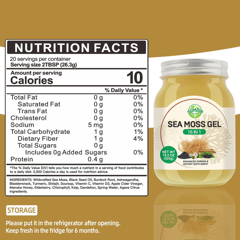 Sea Moss Gel 18.5 oz – 16-in-1 Wildcrafted Irish Seamoss with Black Seed Oil & Ashwagandha