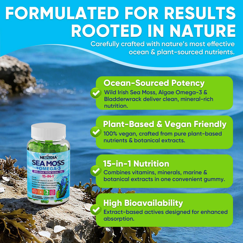 2 Pack Sea Moss Gummies + Algae Omega-3 – Sugar-Free, 15-in-1 Vegan Irish Sea Moss