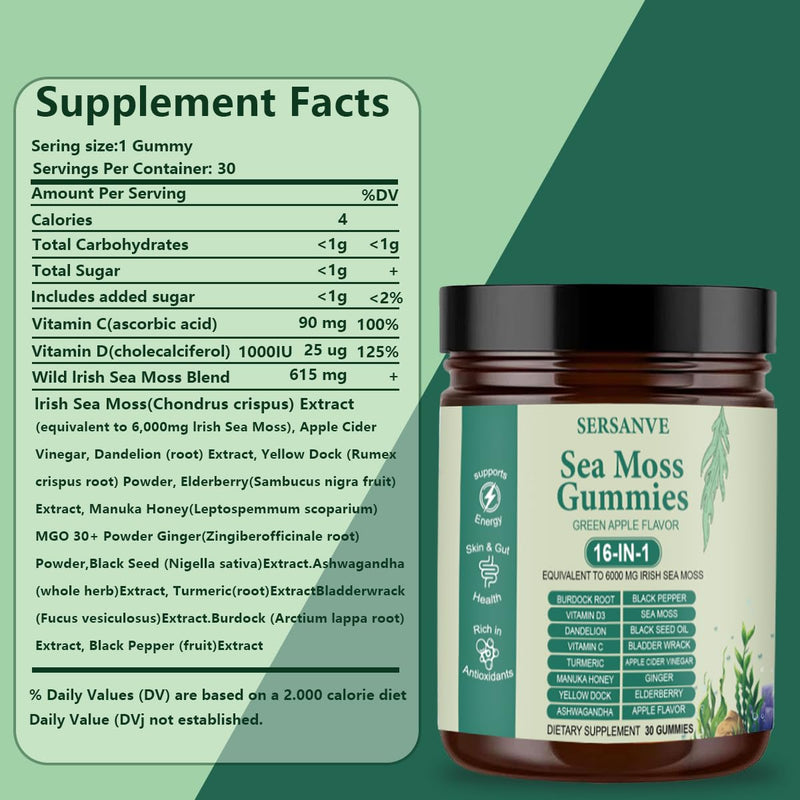 Sea Moss Gummies 16-in-1, with Black Seed Oil, Ashwagandha & Elderberry | Irish Sea Moss Supplement for Men & Women | Daily Wellness Support with Manuka, Burdock Root & Vitamins C & D3, 30 Gummies