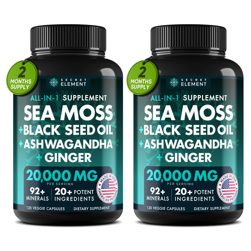 Secret Element Irish Sea Moss & Black Seed Oil Ashwagandha Ginger – All-in-One 20,000mg Capsules, 120 Count (Pack of 2)