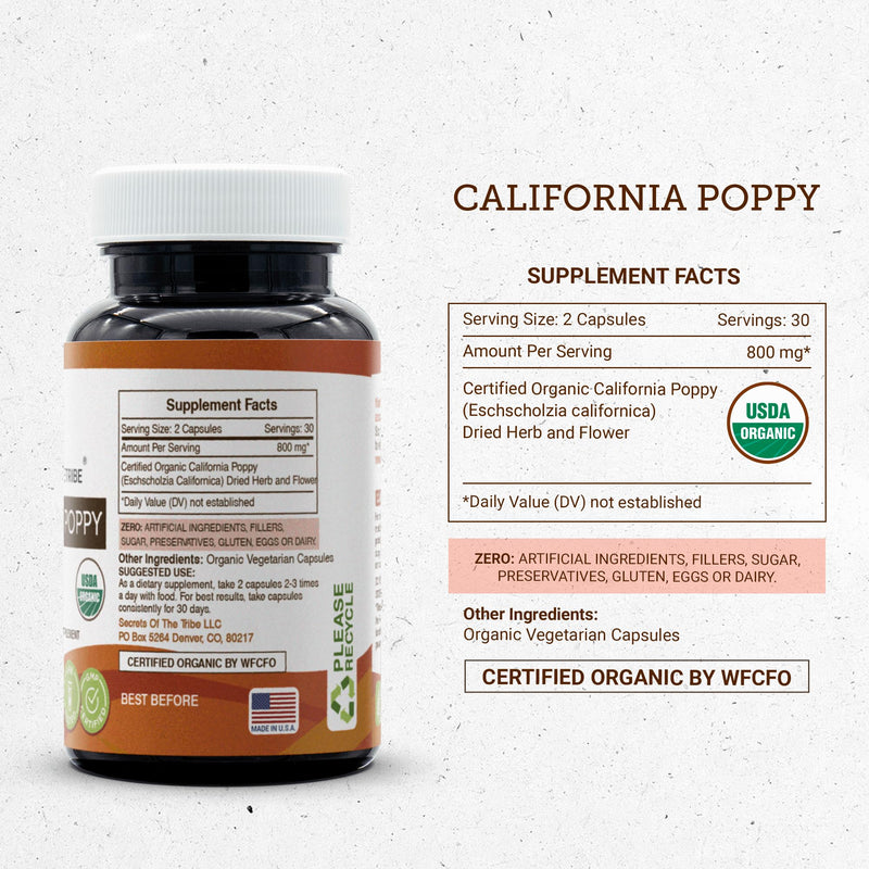 Secrets of the Tribe California Poppy USDA Organic 60 Capsules | Vegetarian Capsules
