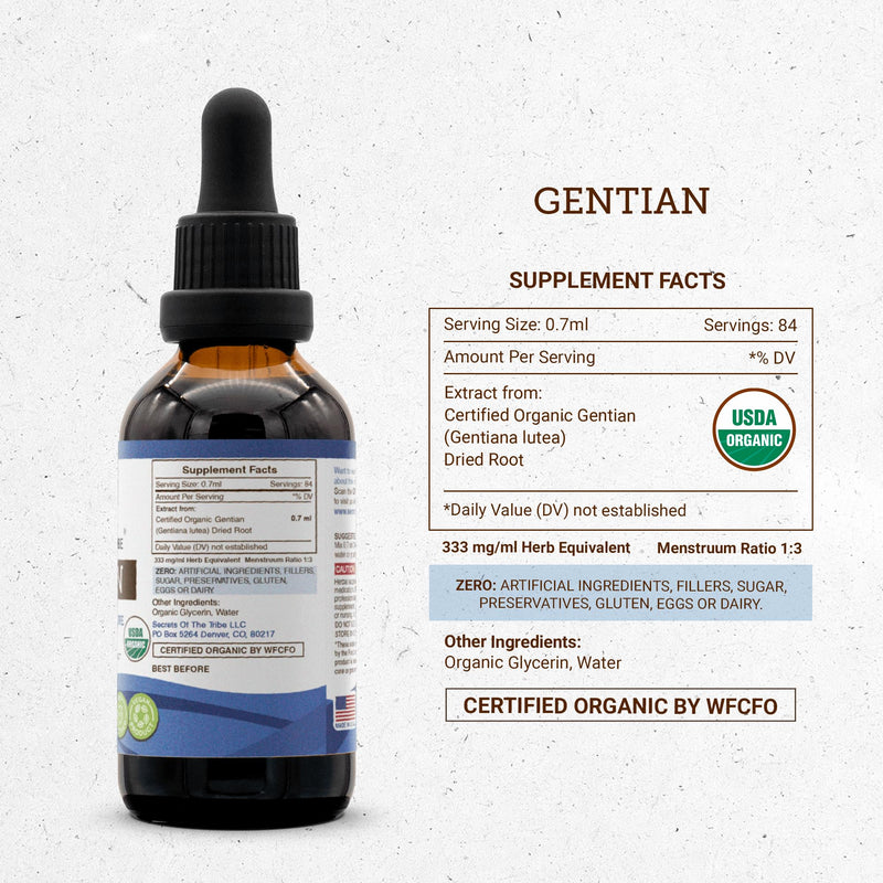 Secrets of the Tribe Gentian USDA Organic | Alcohol-Free Extract, High-Potency Herbal Drops | Made from 100% Certified Organic Gentian (Gentiana Lutea) Dried Root (2 oz)