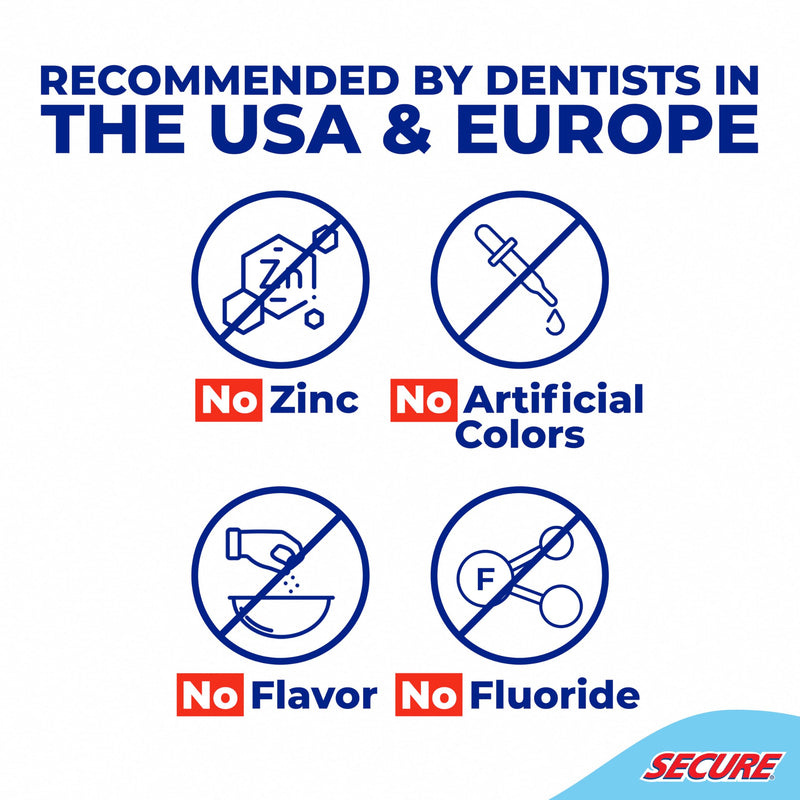 Secure Waterproof Denture Adhesive - Zinc Free, Extra Strong Hold for Upper, Lower or Partials - 1.4 oz (Pack of 5)