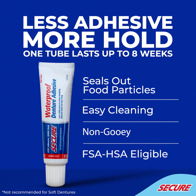 Secure Waterproof Denture Adhesive - Zinc Free, 12-Hour Hold, 1.4 oz Pack of 2