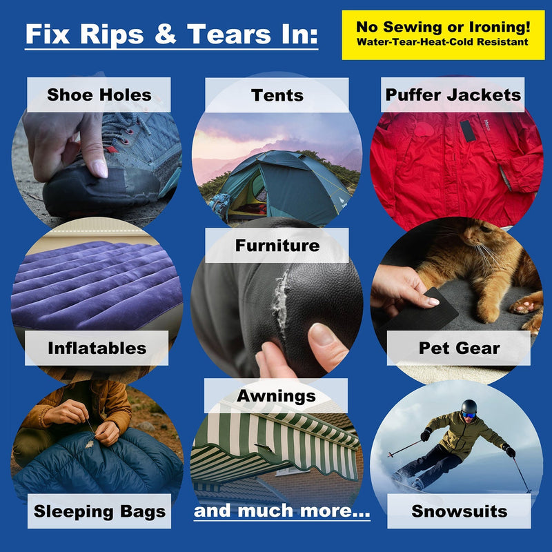 Stick-On Repair Patches (2 Pack) - Self-Adhesive, Waterproof, Tear-Cold-Heat-Resistant Polyester to Fix Rips in Tents,  Jackets, Shoes, Upholstery