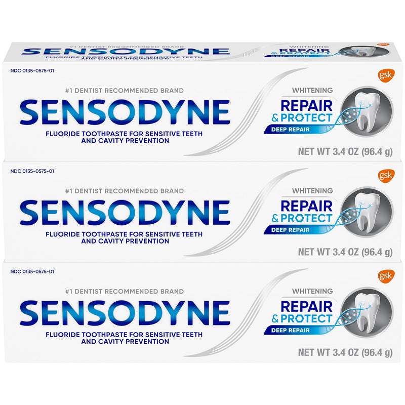 Sensodyne Repair and Protect Whitening Toothpaste – 3 x 3.4 oz for Sensitive Teeth & Cavity Prevention