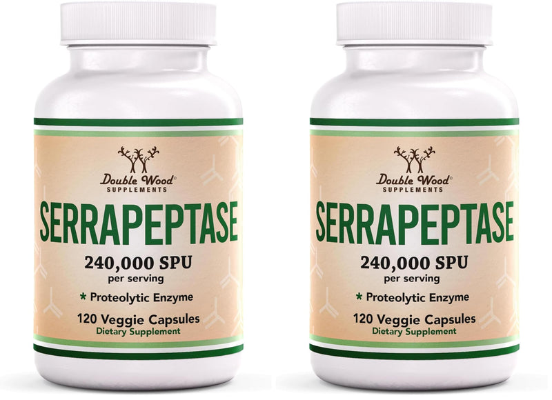 Serrapeptase 240,000 SPU Max Potency – Pack of 2 by Double Wood Supplements (120 Veggie Capsules per Bottle)