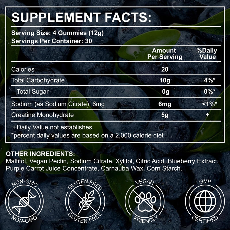 Creatine Monohydrate Gummies 5000mg | 120 Sugar-Free Vegan Chews – Blueberry