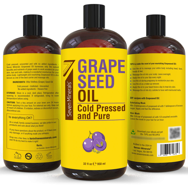 Seven Minerals Grapeseed Oil – 32 oz Cold-Pressed, Non-GMO, Hexane-Free