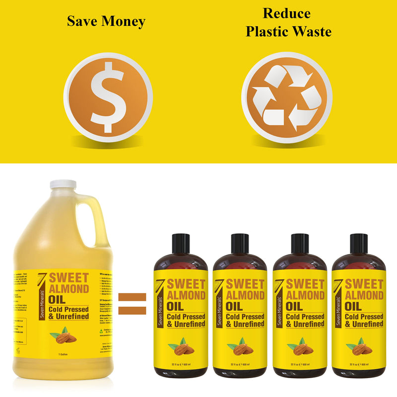 Seven Minerals, Pure Cold Pressed Sweet Almond Oil - 1 Gallon - Unrefined & 100% Natural For Skin & Hair, with No Added Ingredients - Perfect Carrier Oil for Essential Oils