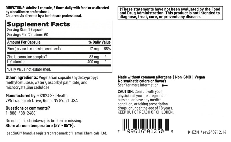SFI Health Klaire Labs Endozin: Zinc Carnosine & L-Glutamine for Gut Barrier Support - Hypoallergenic, 60 Capsules